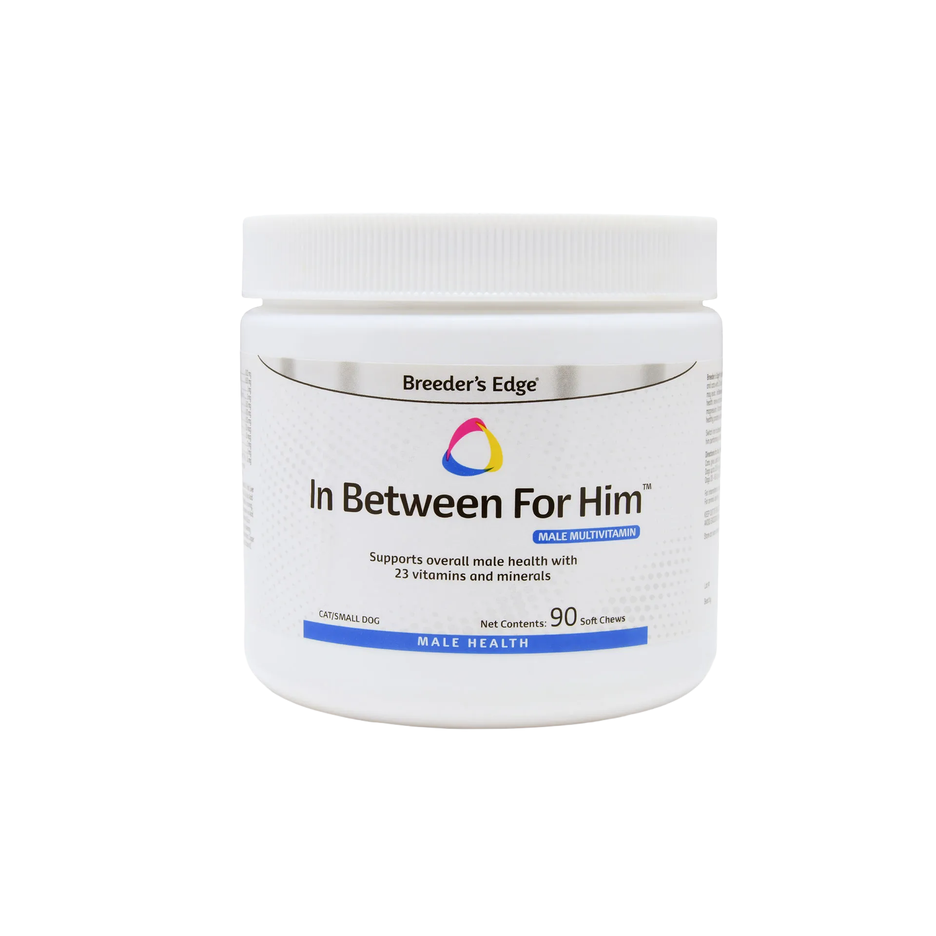Breeder's Edge® His Edge,"White plastic supplement jar with screw-top lid, front label view"