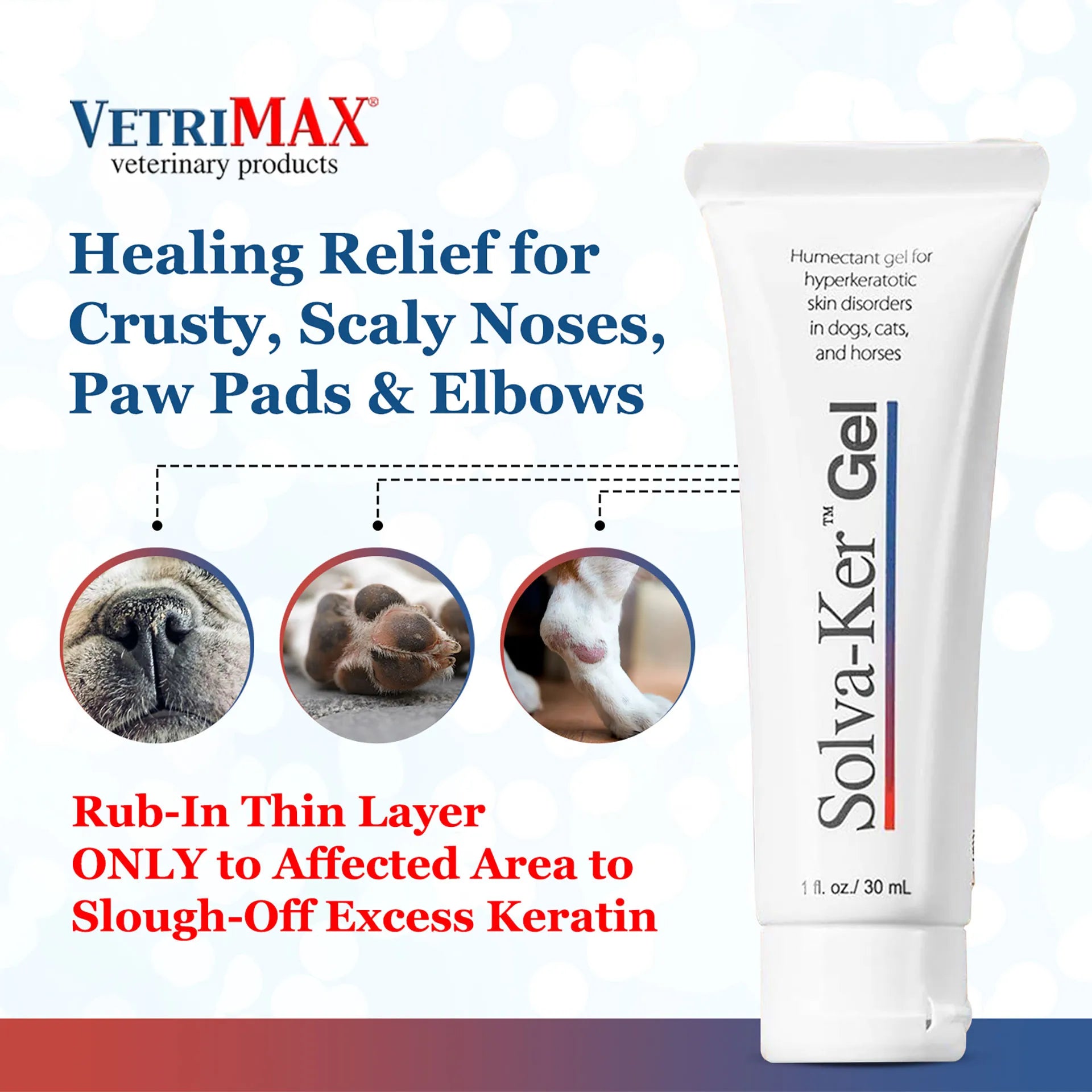 Solva-Ker™ Gel,"White squeeze tube with pet nose, paw, and elbow images"