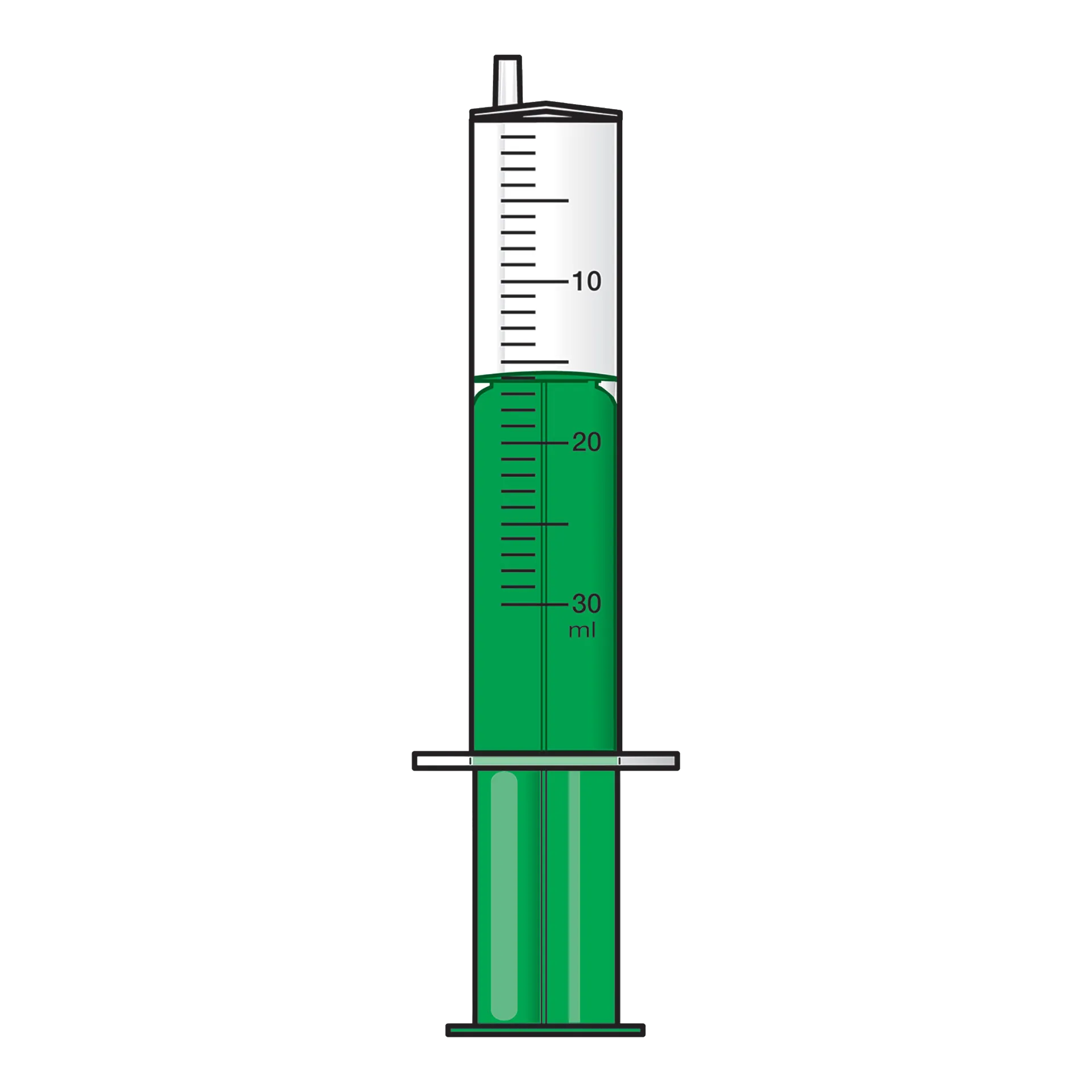 30 cc All Plastic Semen Safe Syringe,"Clear syringe with green plunger and measurement markings"