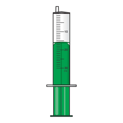 30 cc All Plastic Semen Safe Syringe,"Clear syringe with green plunger and measurement markings"