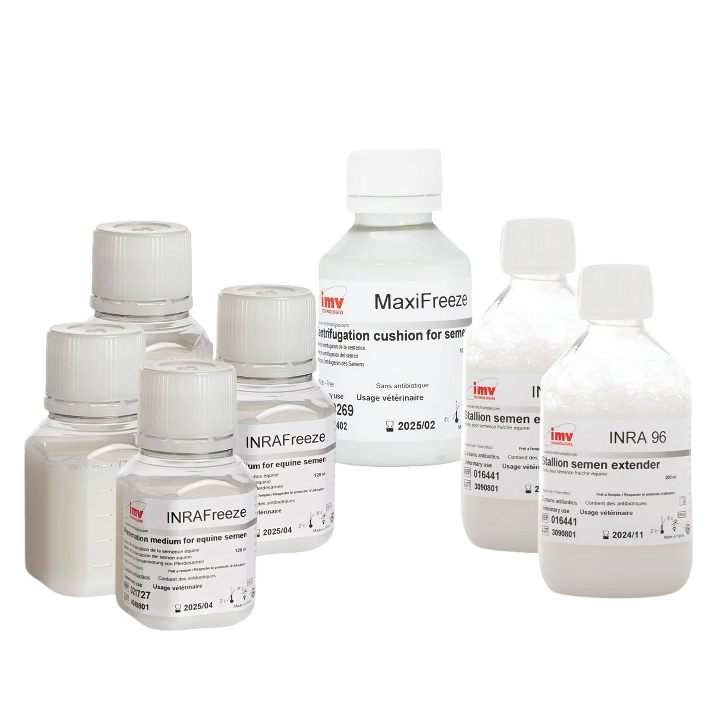 Extender INRA Freeze Kit,"Assorted reagent bottles with white caps and labels"