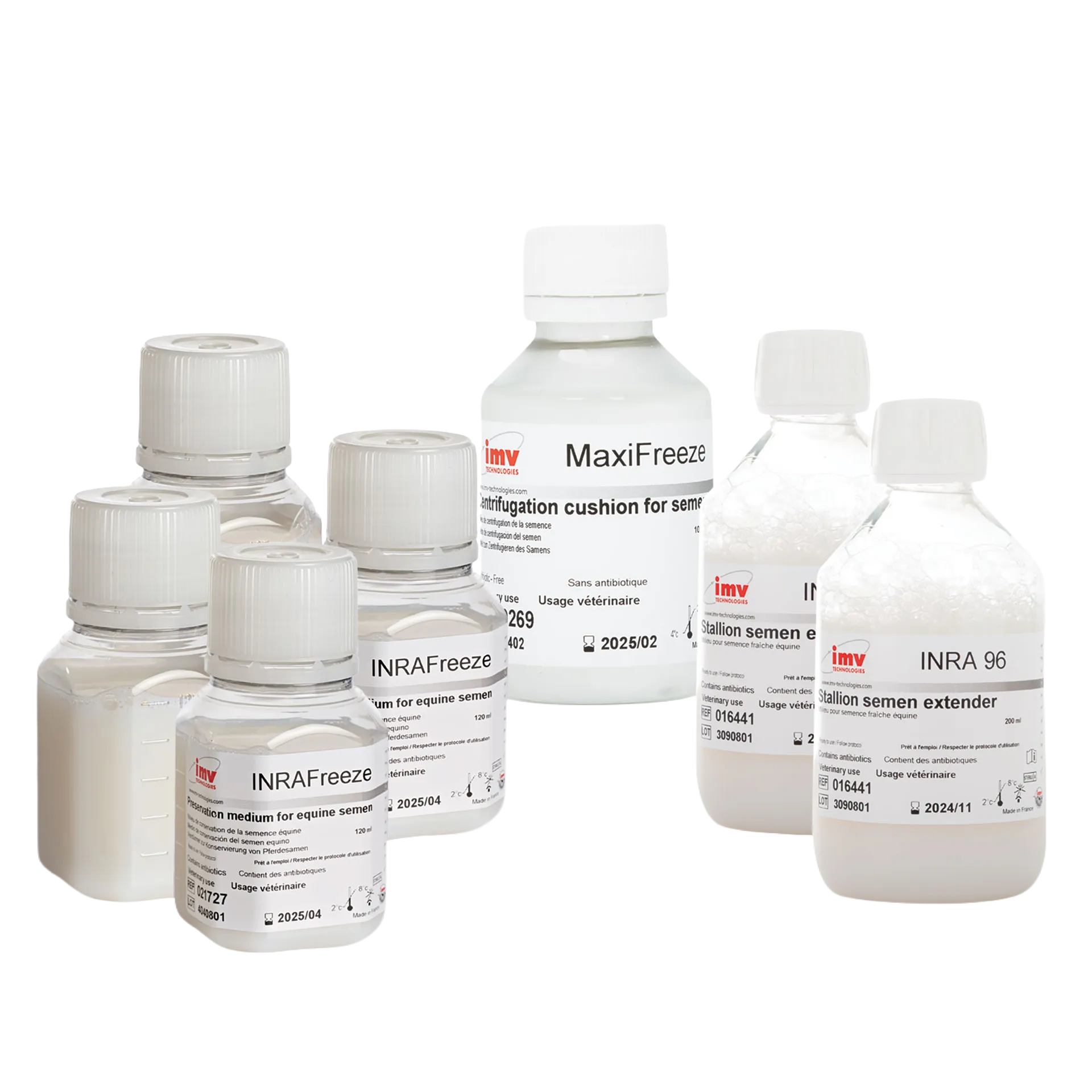 Extender INRA Freeze Kit,"Assorted reagent bottles with white caps and labels"