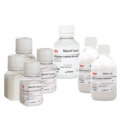 Extender INRA Freeze Kit,"Assorted reagent bottles with white caps and labels"