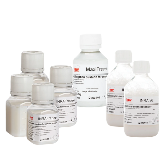 Extender INRA Freeze Kit,"Assorted reagent bottles with white caps and labels"