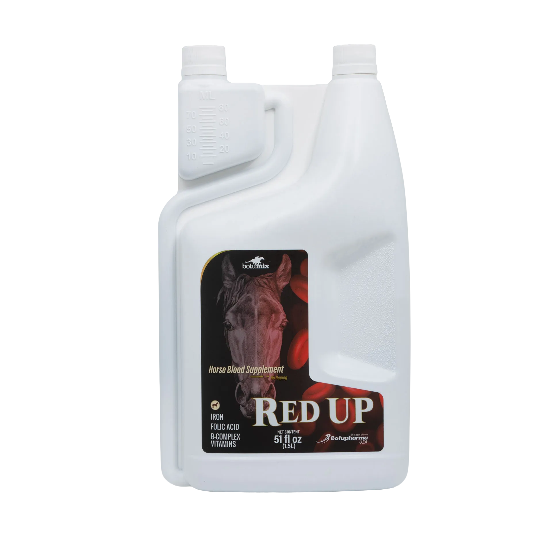 BotuMix Red Up Supplement,"White jug bottle with dual caps and measuring chamber"