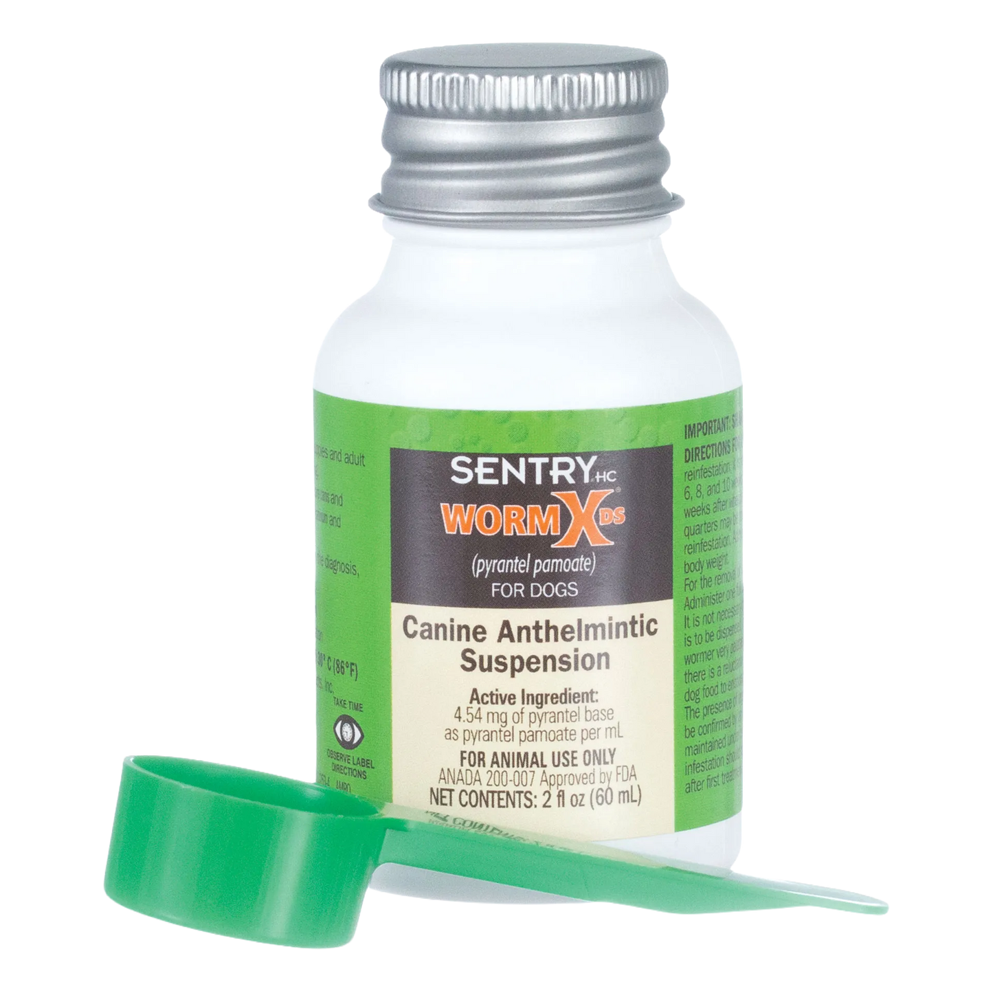 Sentry® WormX DS Liquid Dewormer,"Bottle with green label and dosing cap"