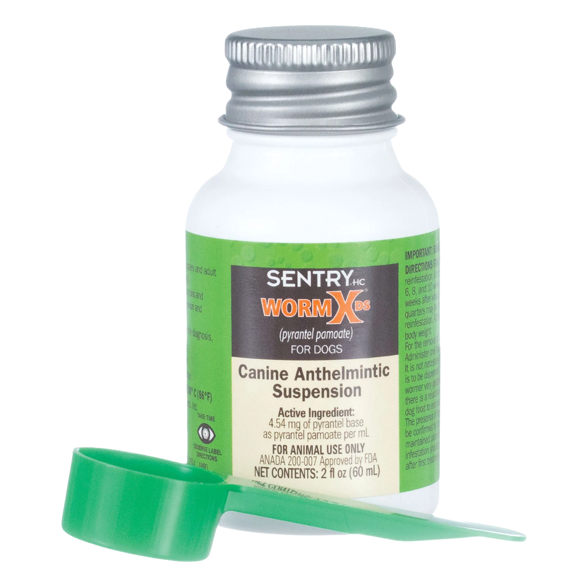 Sentry® WormX DS Liquid Dewormer,"Bottle with green label and dosing cap"