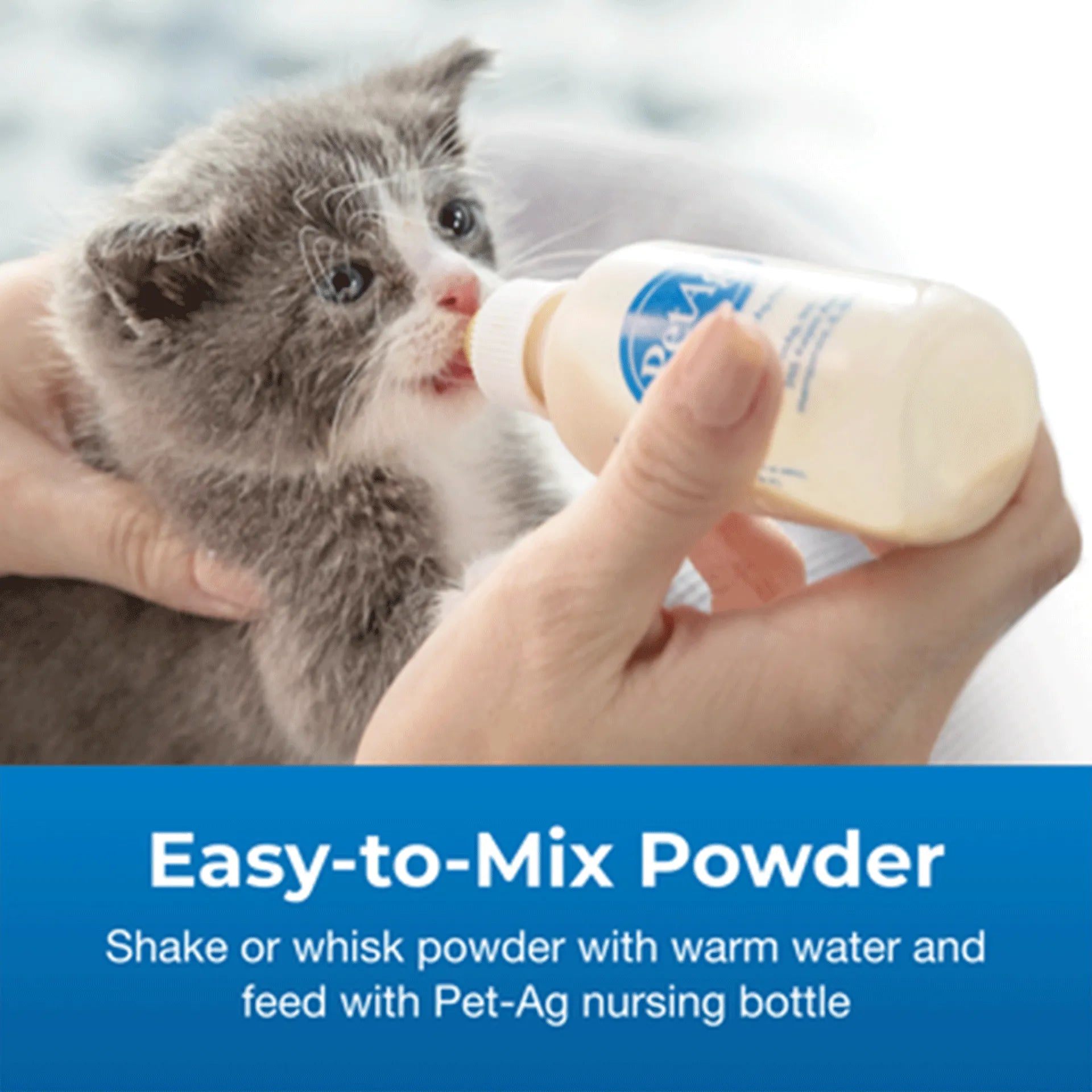Goat's Milk KMR Kitten Milk Replacer Powder,"Kitten being fed with a small nursing bottle"