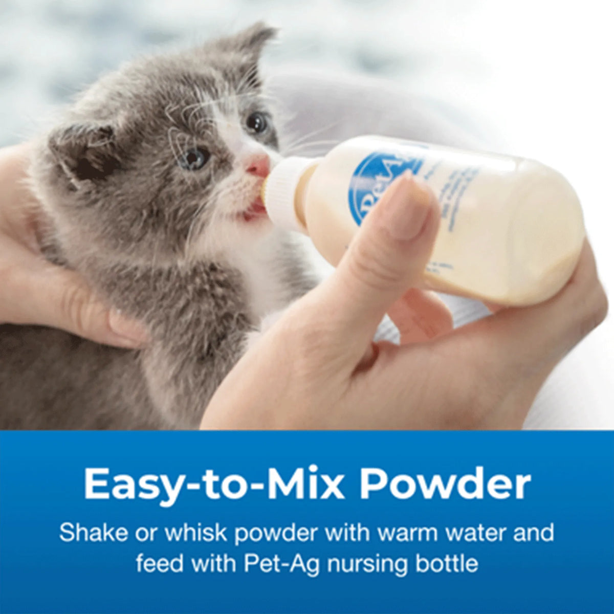 Goat's Milk KMR Kitten Milk Replacer Powder,"Kitten being fed with a small nursing bottle"