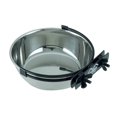 Snapy Fit Water & Feed Bowl,"Stainless steel bowl with black mounting bracket"