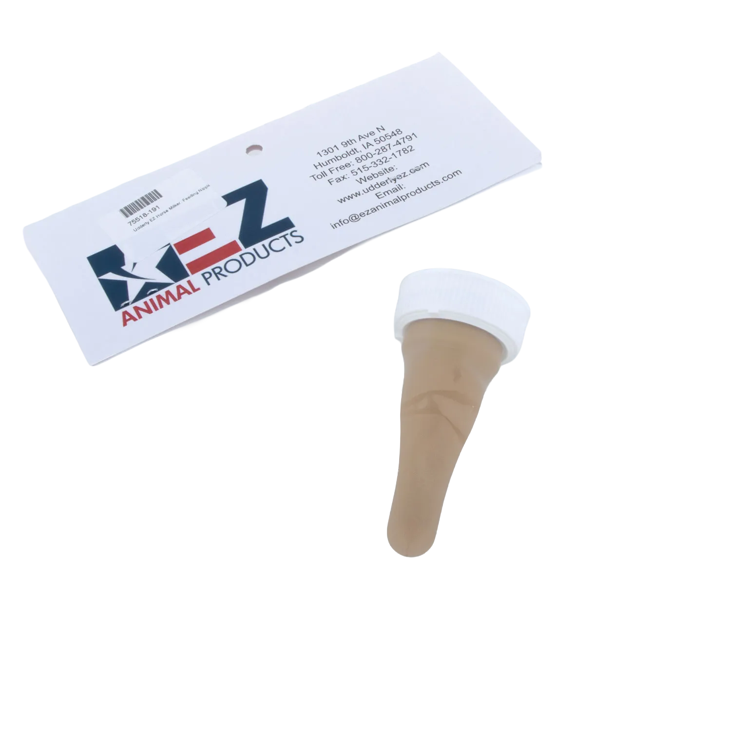 Udderly EZ Horse Milker,"Beige feeding nipple with white screw cap and product tag"