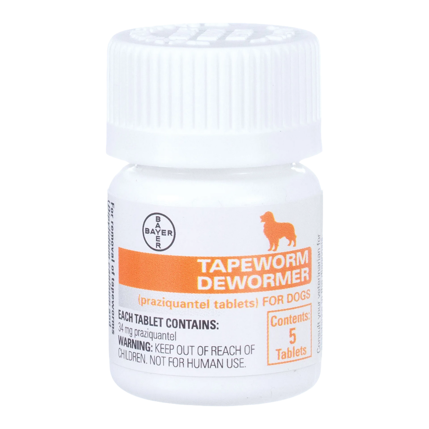 Tapeworm Dewormer,"White pill bottle with ribbed cap and orange label"