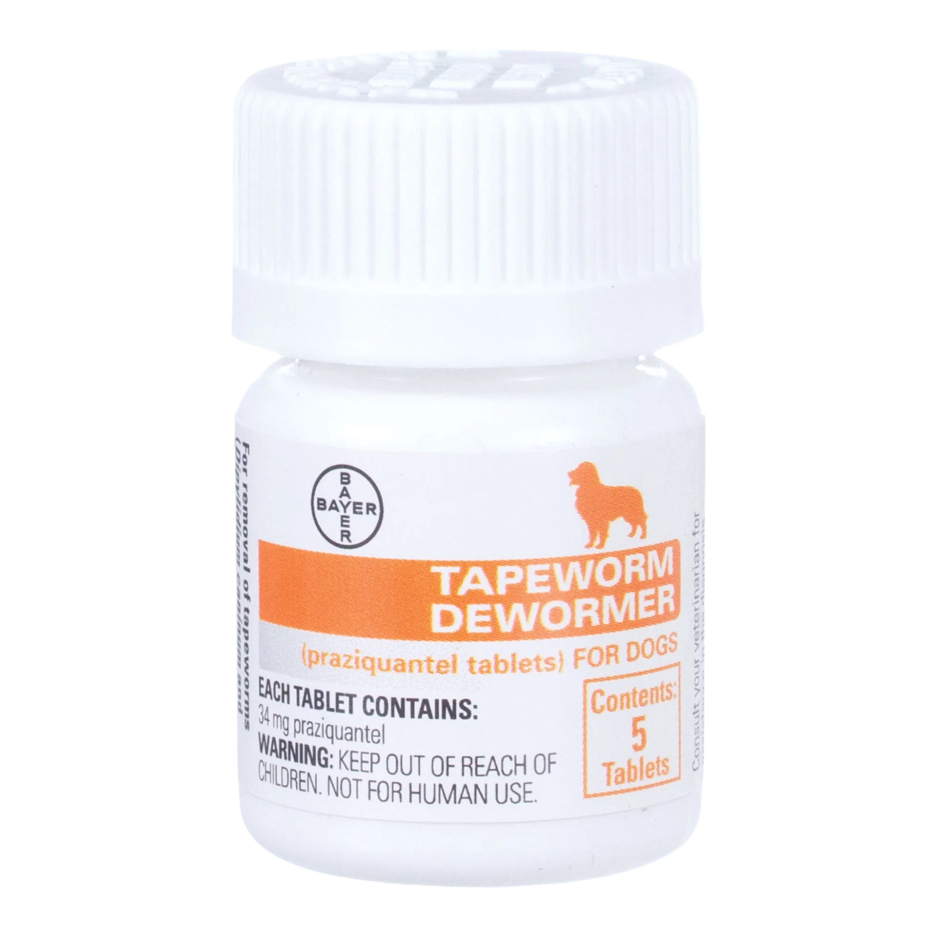 Tapeworm Dewormer,"White pill bottle with ribbed cap and orange label"