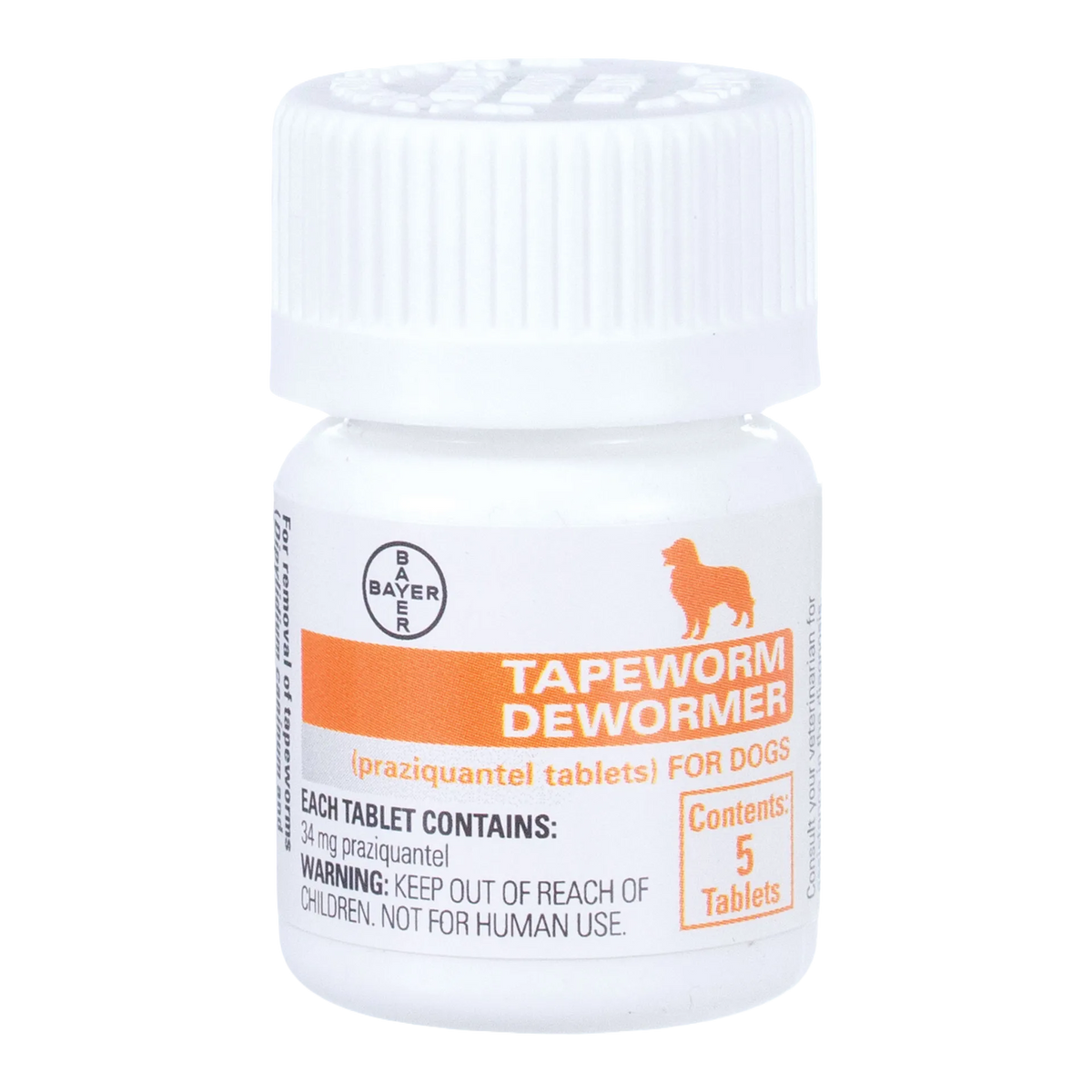 Tapeworm Dewormer,"White pill bottle with ribbed cap and orange label"