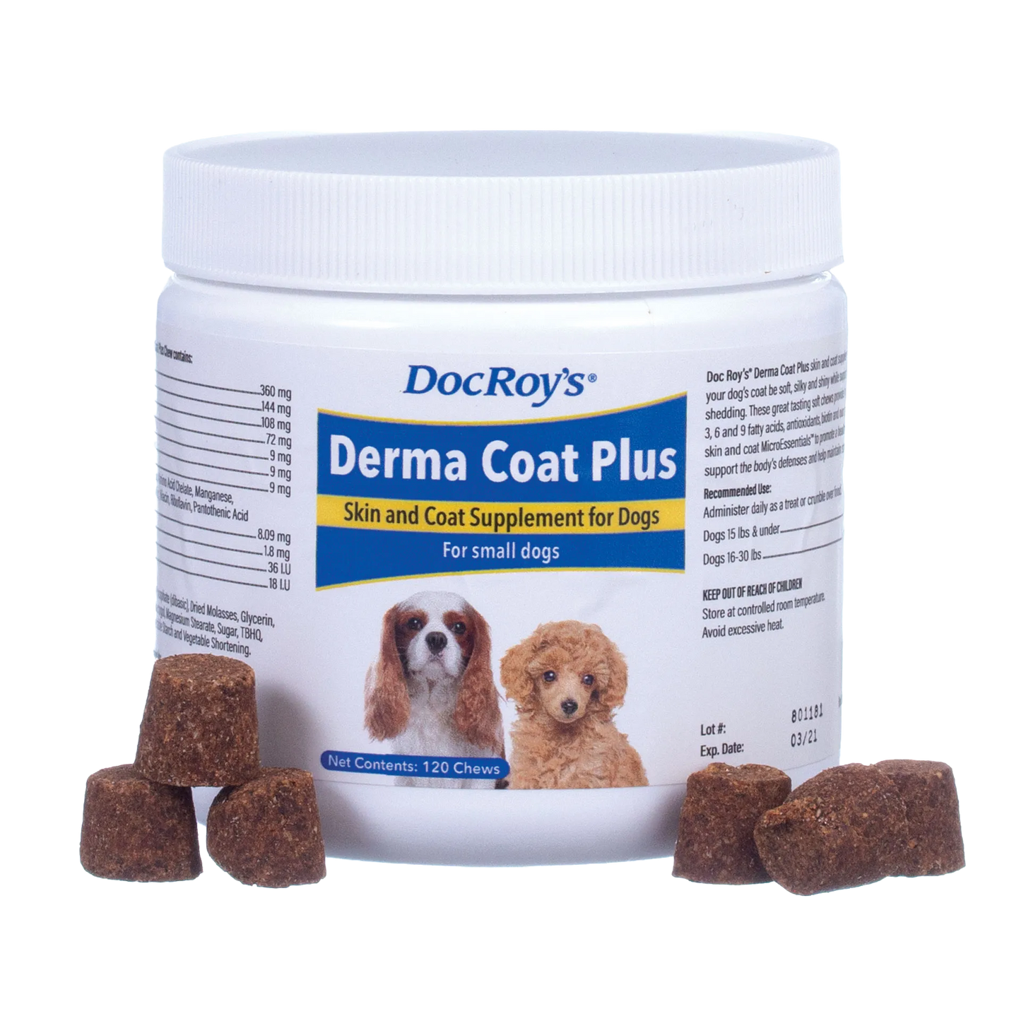 Doc Roy's® Derma Coat Plus,"White supplement jar with dog images and brown soft chews"