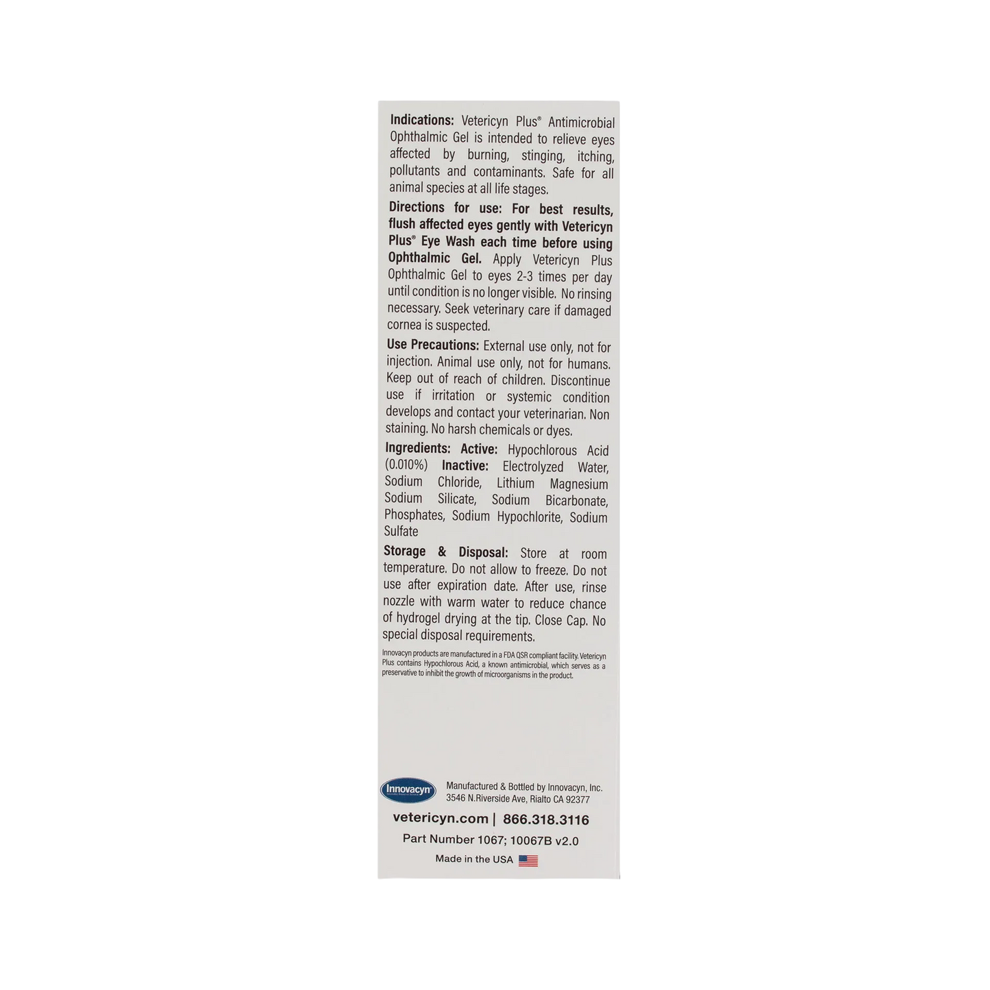 Vetericyn® Plus Animal Ophthalmic Gel,"Back label panel with directions and ingredients text"