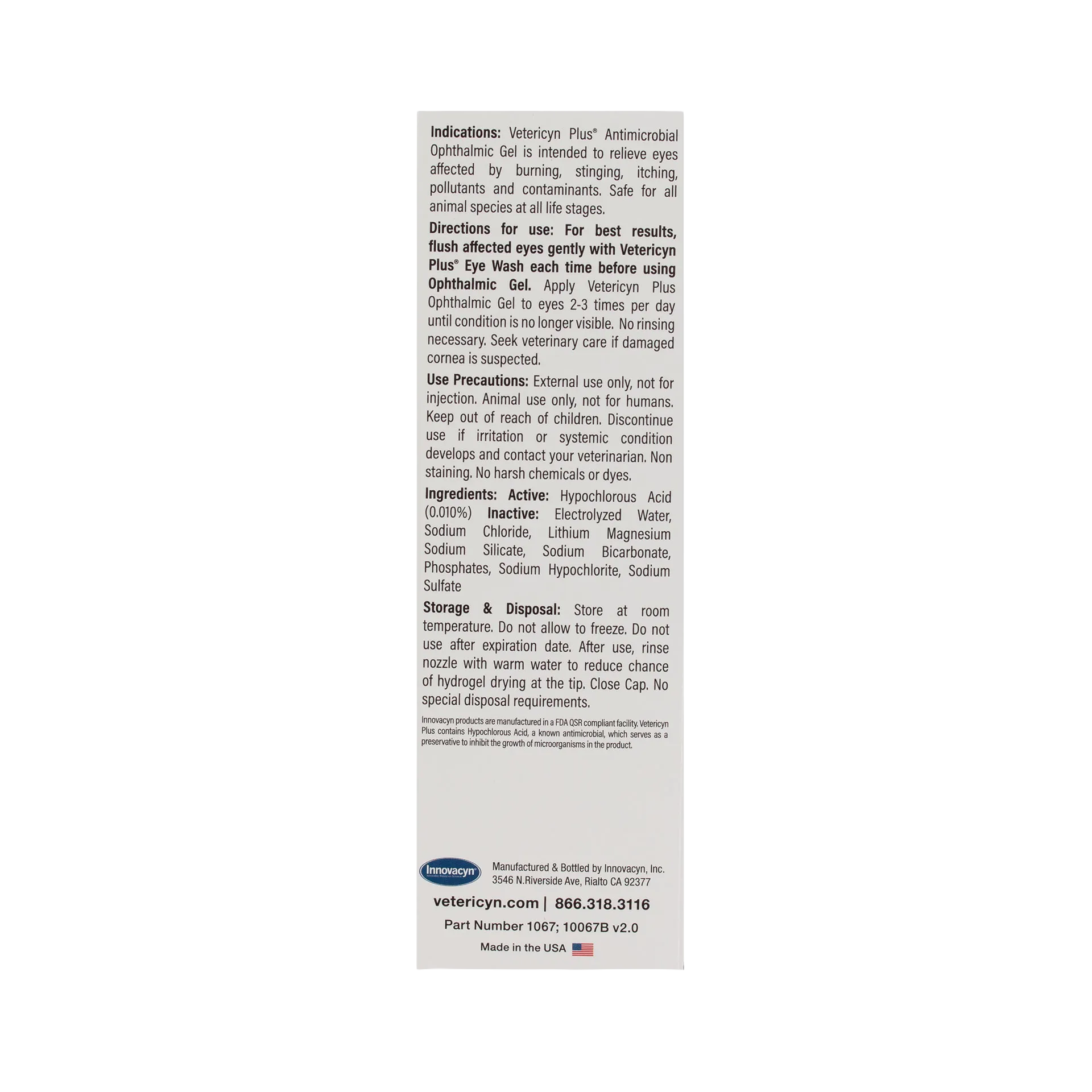 Vetericyn® Plus Animal Ophthalmic Gel,"Back label panel with directions and ingredients text"
