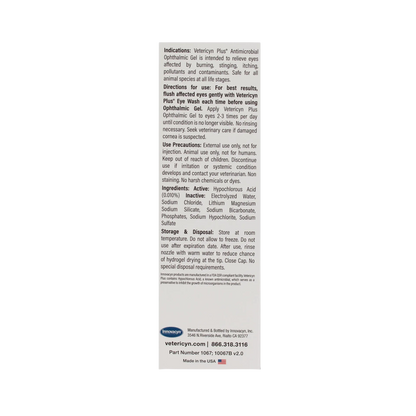 Vetericyn® Plus Animal Ophthalmic Gel,"Back label panel with directions and ingredients text"