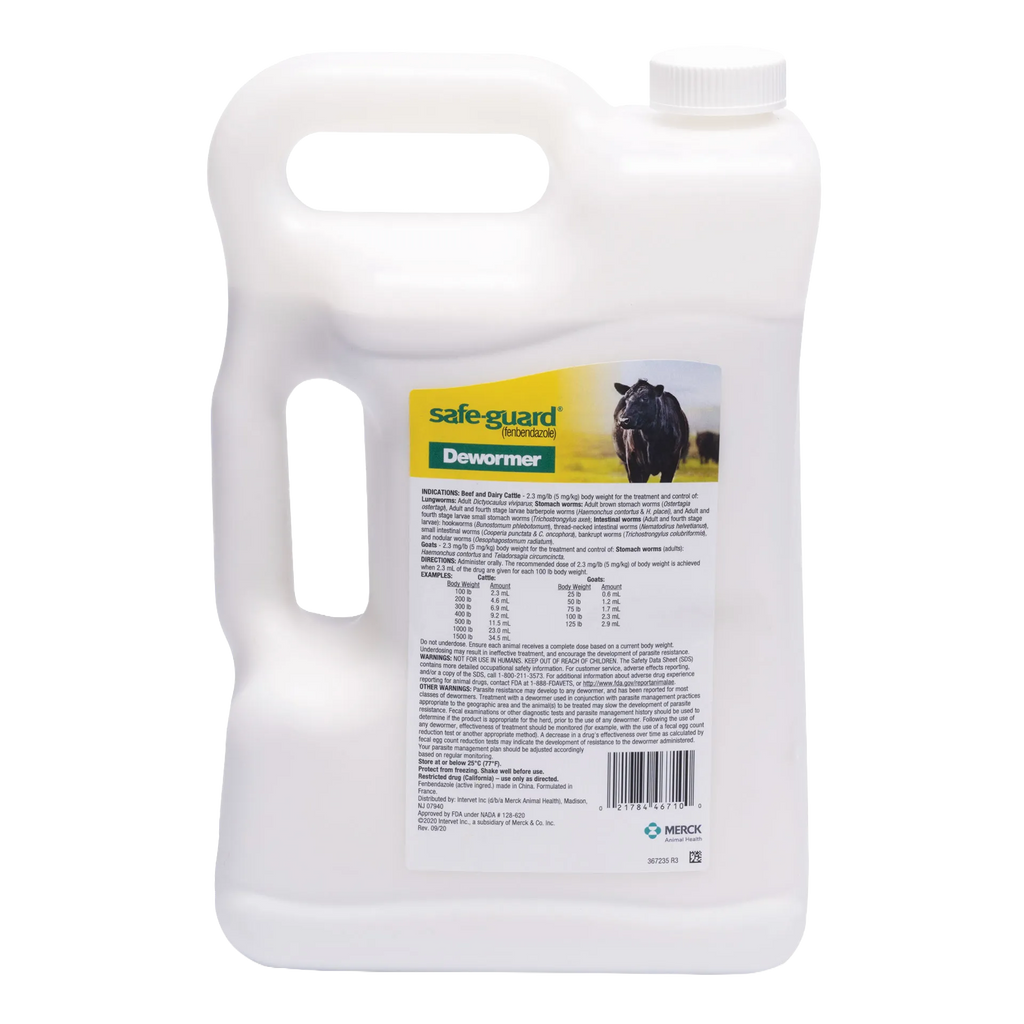 Safe-Guard® Dewormer for Goats Cattle,"Large white handled jug with screw cap and front label"