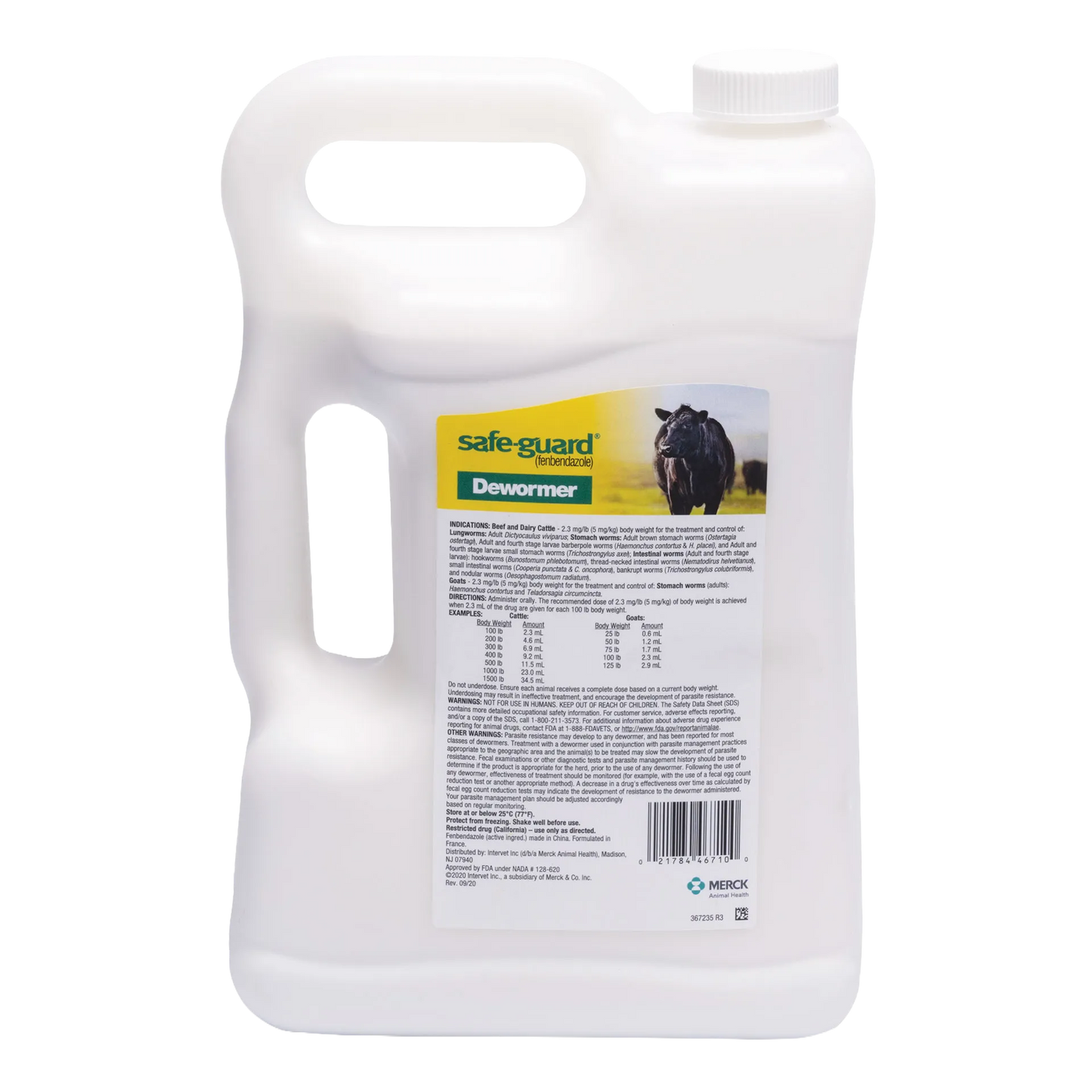 Safe-Guard® Dewormer for Goats Cattle,"Large white handled jug with screw cap and front label"