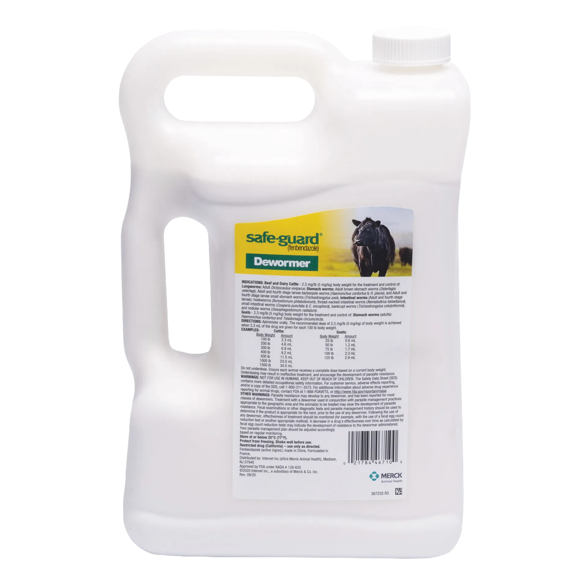 Safe-Guard® Dewormer for Goats Cattle,"Large white handled jug with screw cap and front label"