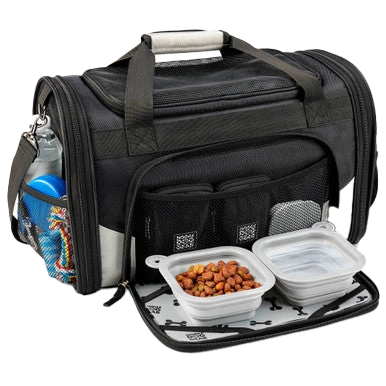 Mobile Dog Gear Pet Carrier Plus,"Black pet carrier with front pockets, side bottle holder, and two collapsible bowls"