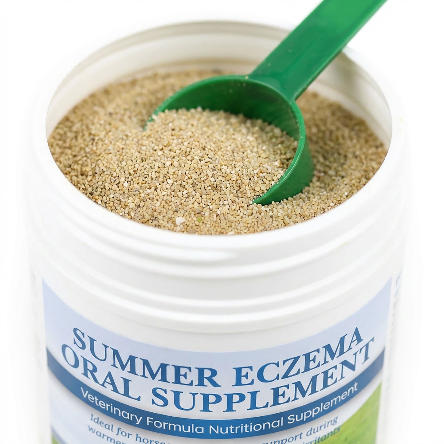 Summer Eczema,"Open supplement jar with granules and green scoop"