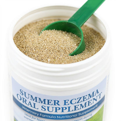 Summer Eczema,"Open supplement jar with granules and green scoop"