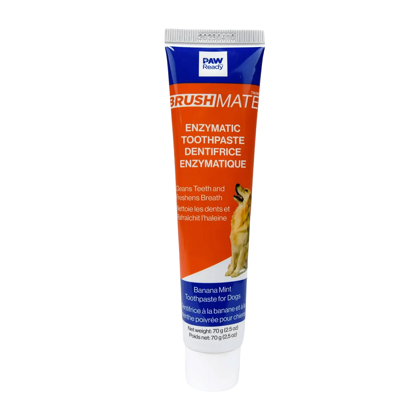 BrushMate ToothPaste,"Toothpaste tube with orange and blue label and dog image"