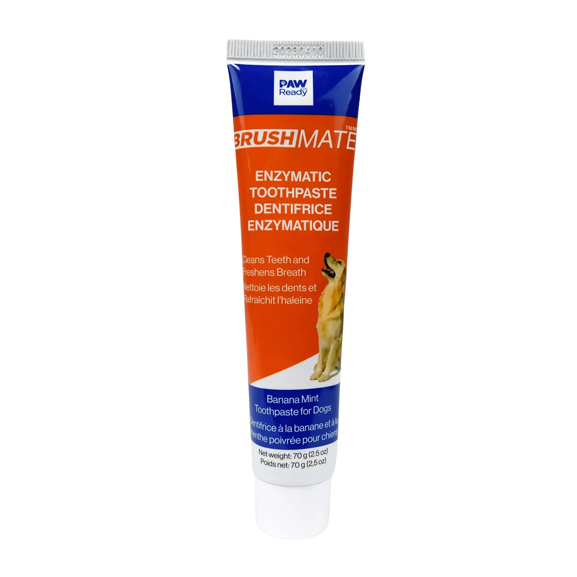 BrushMate ToothPaste,"Toothpaste tube with orange and blue label and dog image"