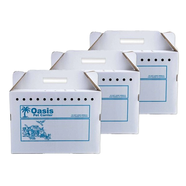 Disposable Cardboard Pet Carriers,"Three white cardboard pet carriers with handles"