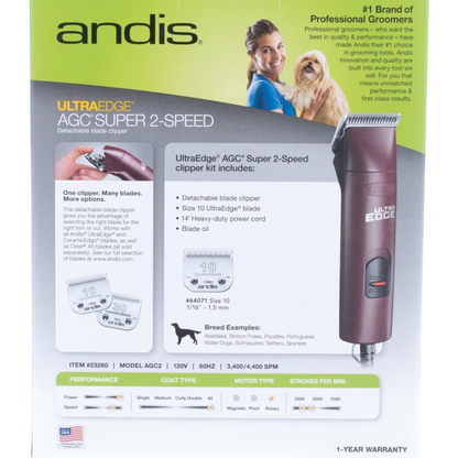 Andis® UltraEdge® Pro Clip AGC Super 2 Animal Clipper,"Animal clipper with blade shown on retail box"