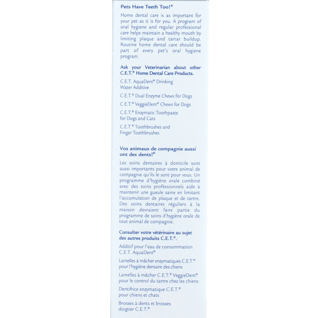 C.E.T.® Enzymatic Toothpaste,"Side panel of toothpaste box with bilingual product information"