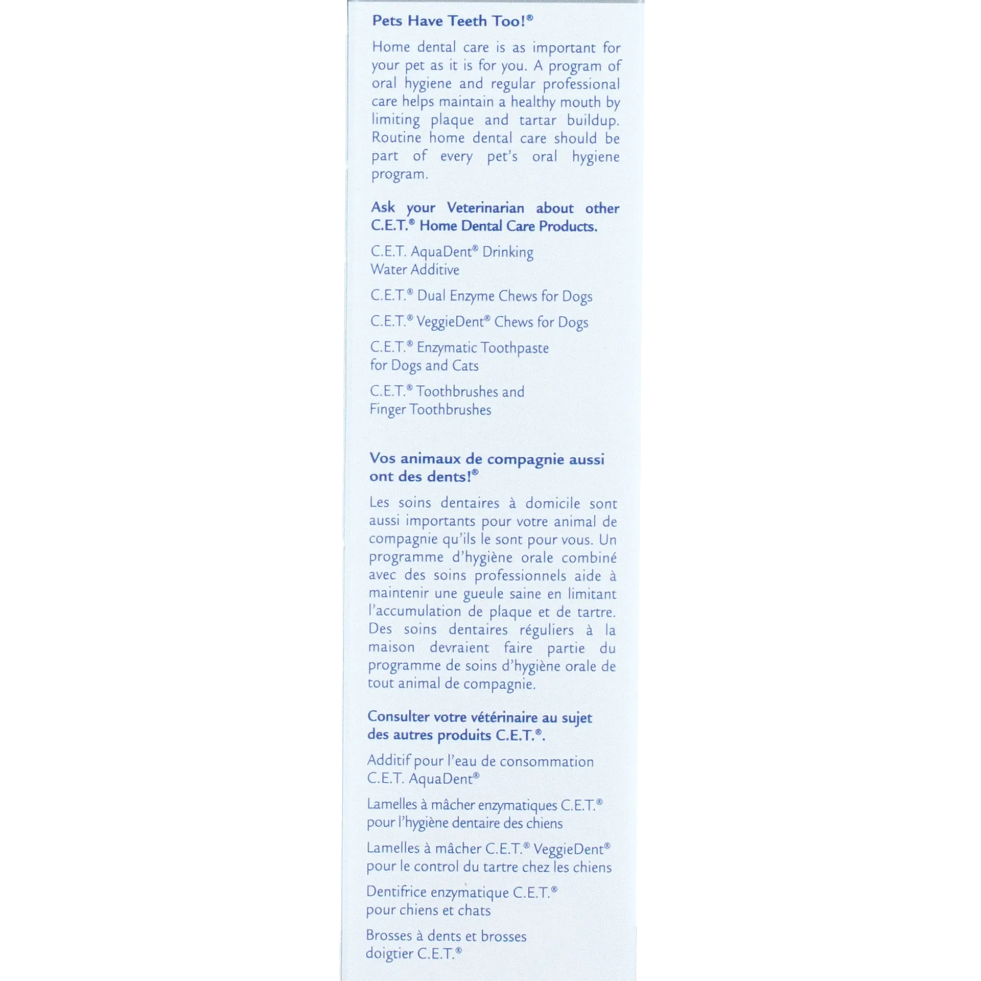 C.E.T.® Enzymatic Toothpaste,"Side panel of toothpaste box with bilingual product information"