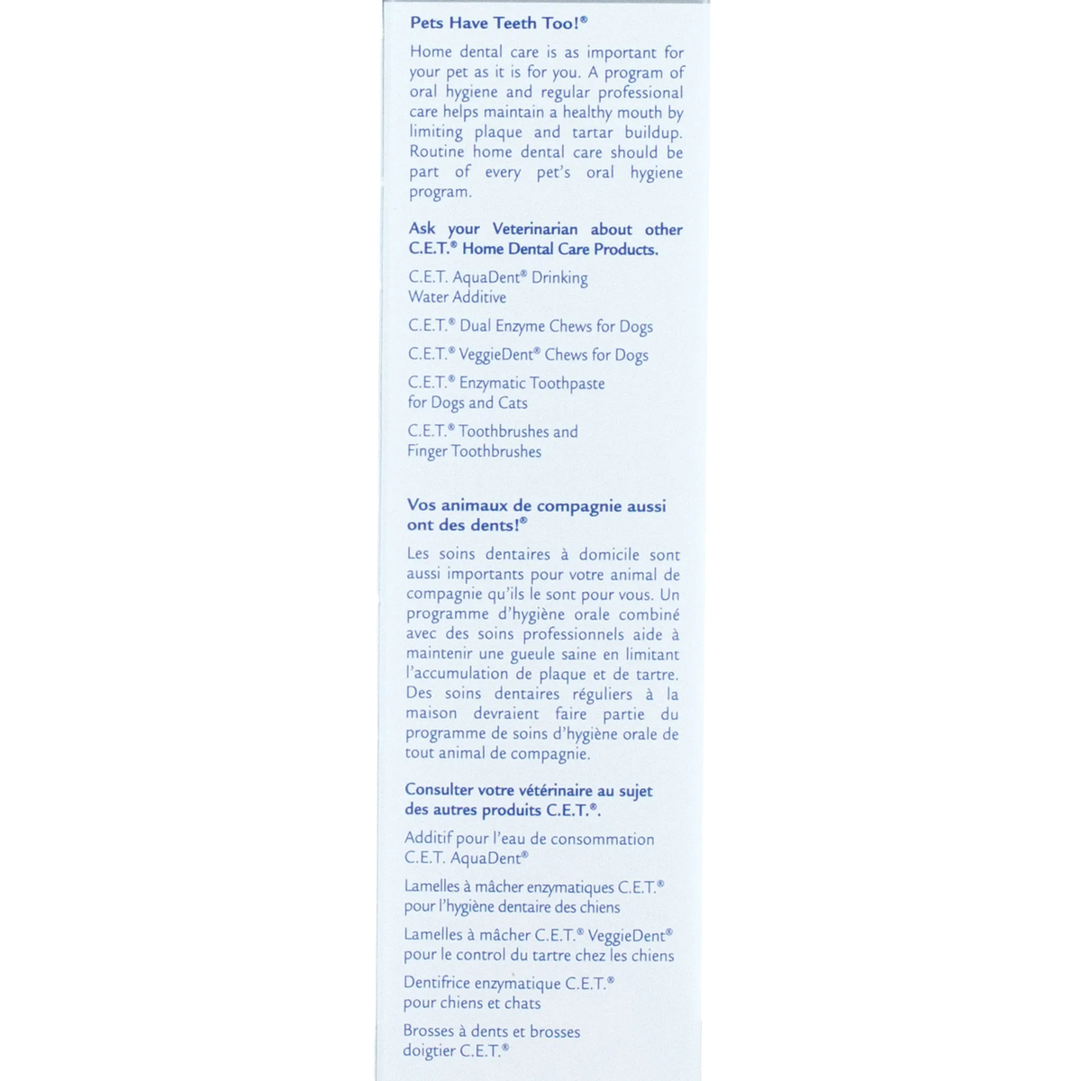C.E.T.® Enzymatic Toothpaste,"Side panel of toothpaste box with bilingual product information"