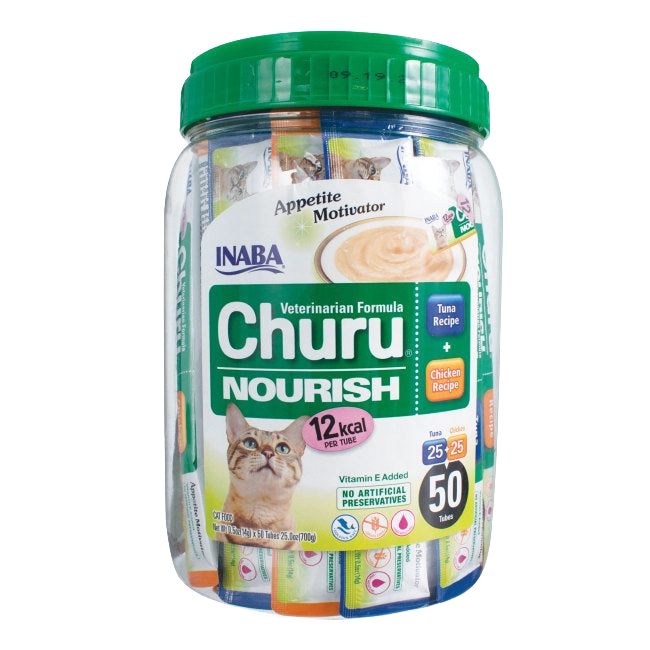 Inaba® Churu® Cat Treats,"Clear jar with green lid holding assorted treat tubes"