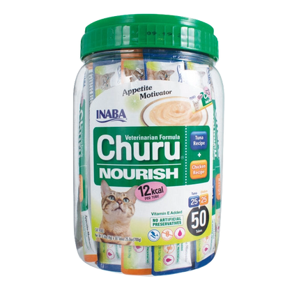 Inaba® Churu® Cat Treats,"Clear jar with green lid holding assorted treat tubes"