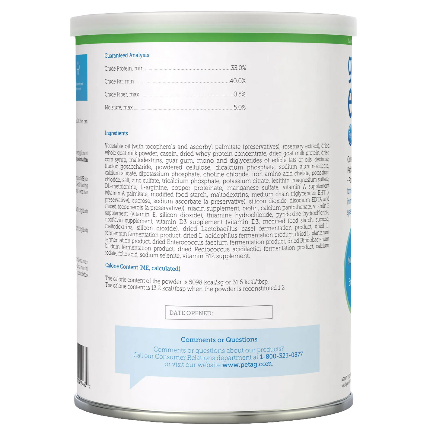 Goats Milk Esbilac® Puppies,"Back of powder can with nutrition panel and ingredients label"