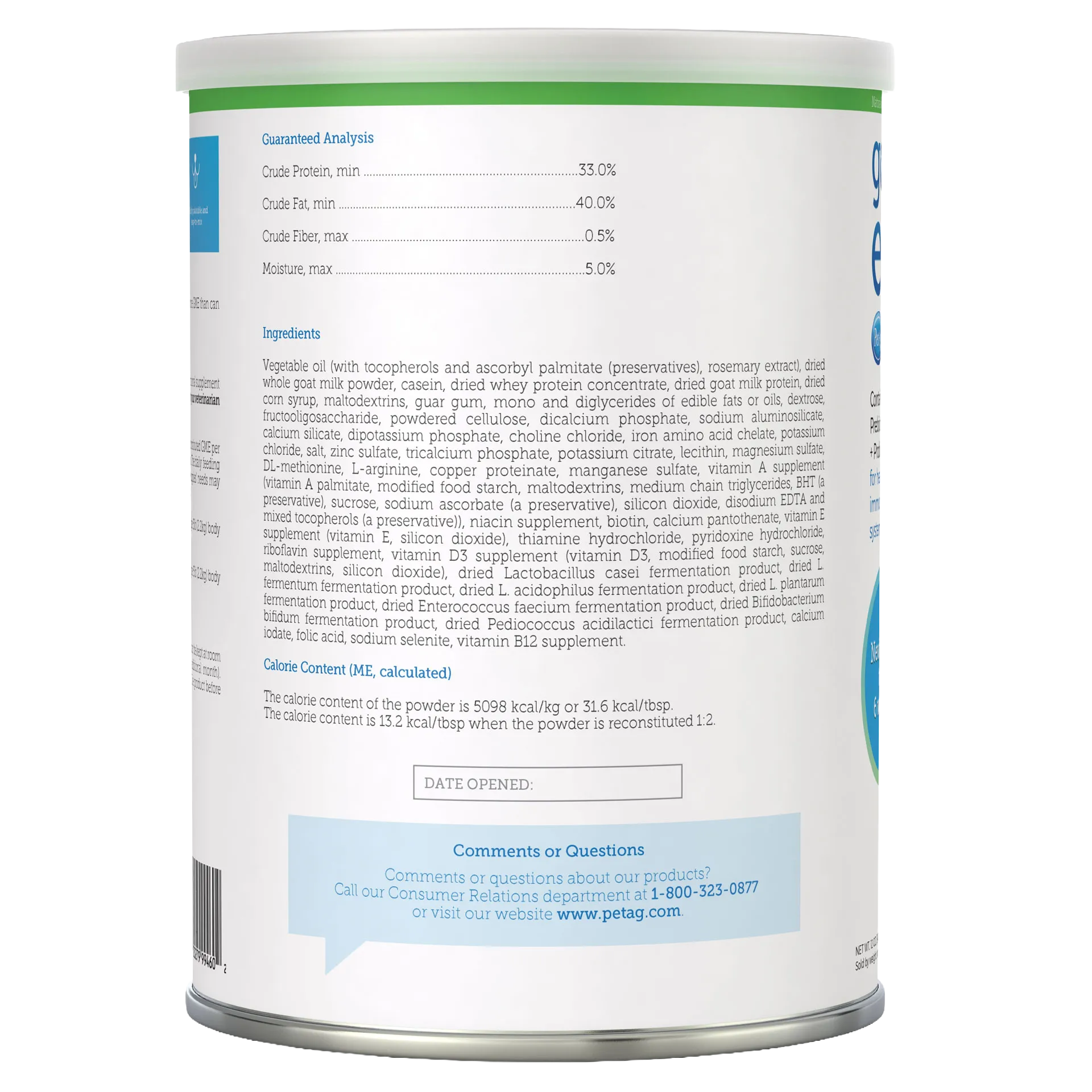 Goats Milk Esbilac® Puppies,"Back of powder can with nutrition panel and ingredients label"