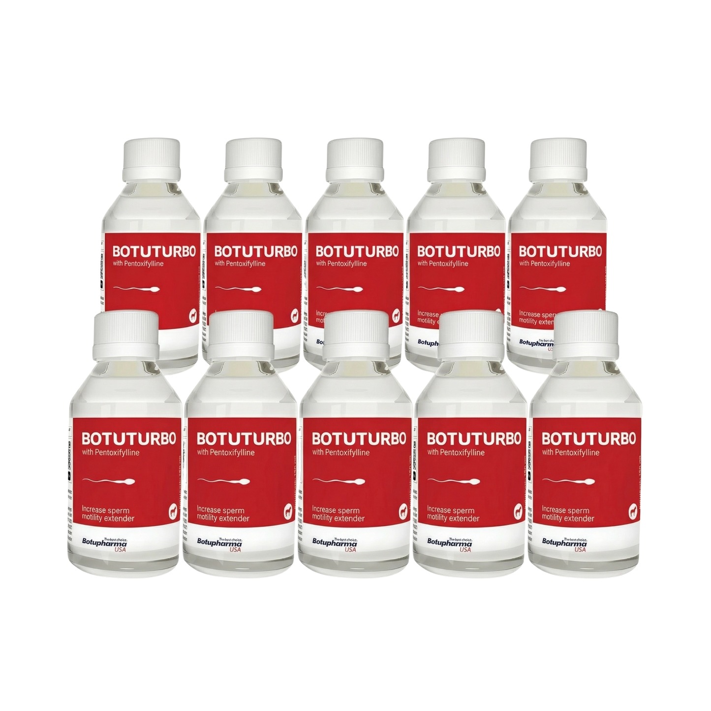 BotuSemen Turbo,"Ten white bottles with red labels in two rows"