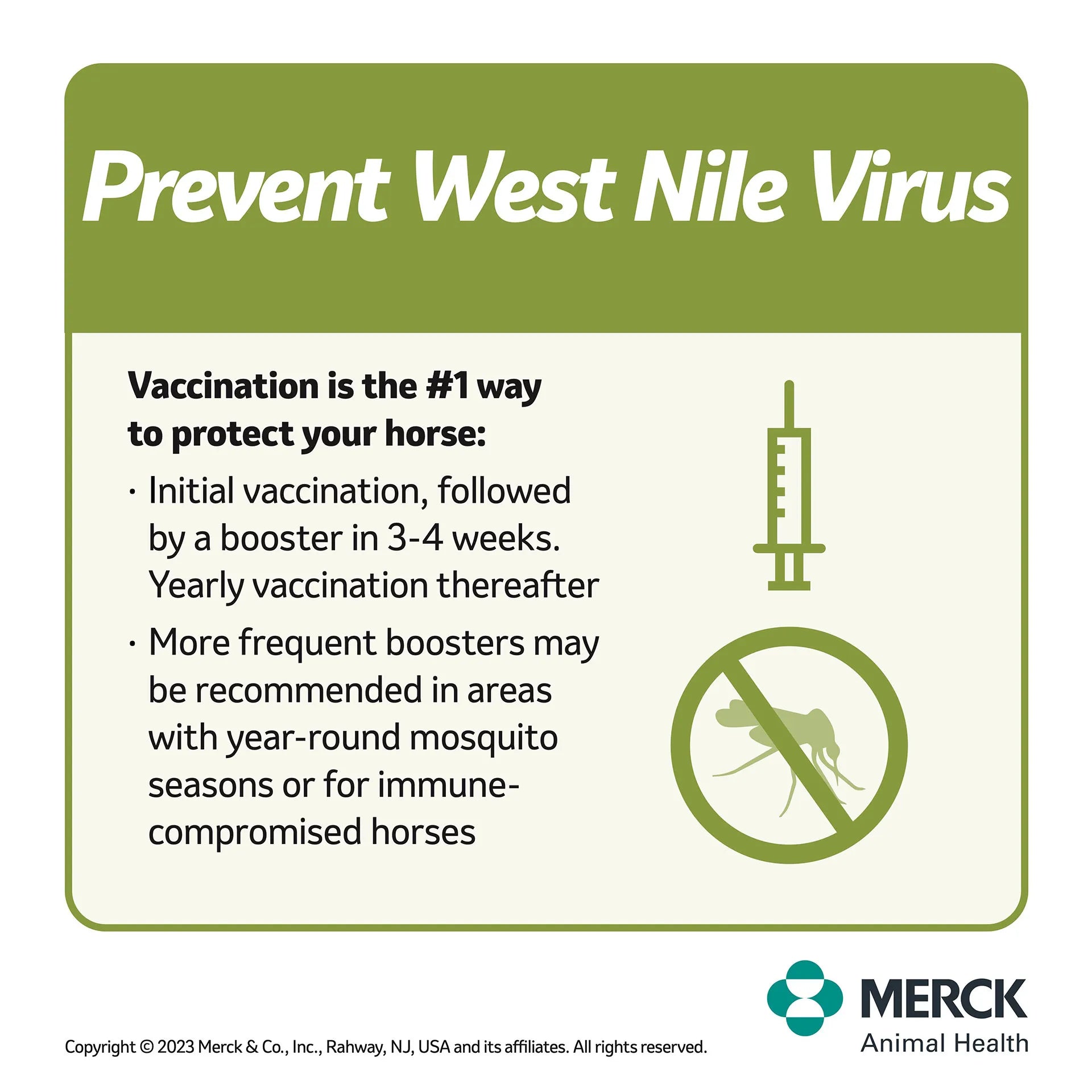Prestige® 5+ WNV with Havlogen®,"Green informational graphic with syringe and crossed-out mosquito icon"