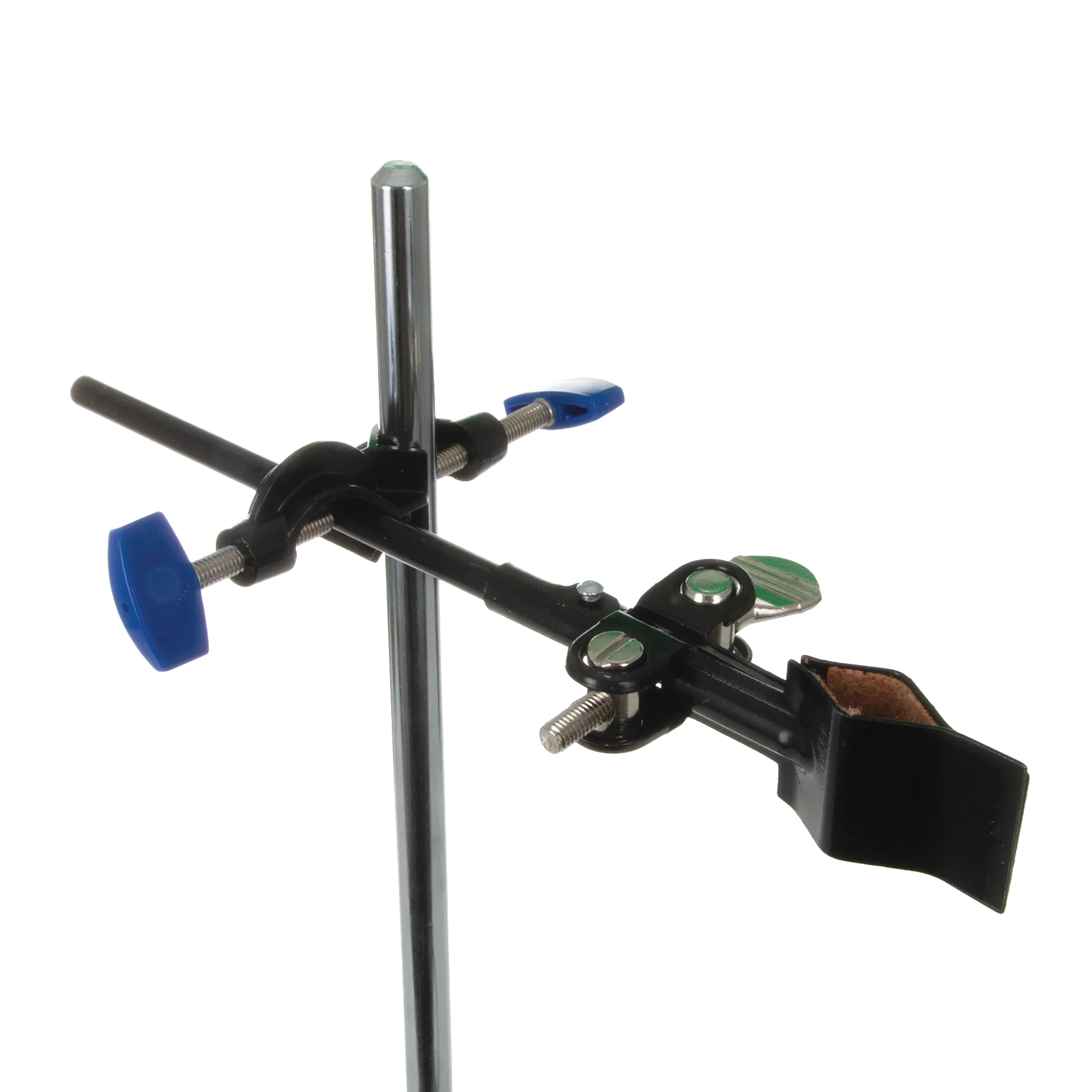 Support Stand and Ring for embryo filters,"Metal support stand with clamp and blue adjustment knobs"