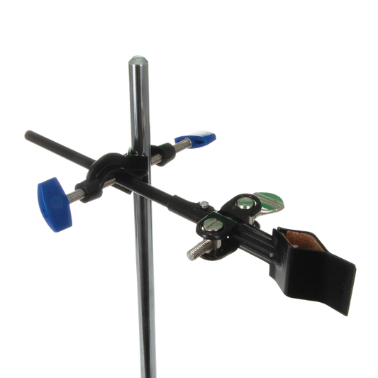 Support Stand and Ring for embryo filters,"Metal support stand with clamp and blue adjustment knobs"