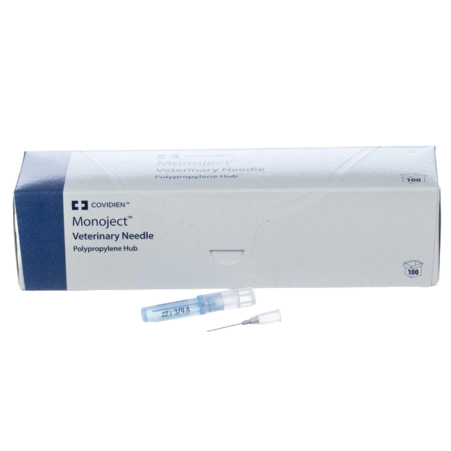MonoJect™ Needles,"Box of veterinary needles with two capped needle hubs"