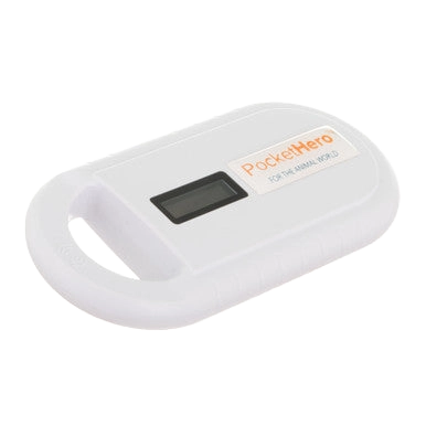 Pocket Hero™ ISO Microchip Scanner,"Handheld white microchip scanner with small display"