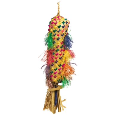 Parrot Pinata,"Woven cylindrical pinata with multicolor feather accents and hanging loop"