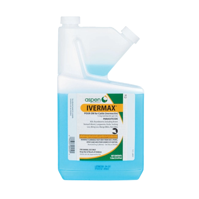Ivermectin Pour-On Generic,"Blue liquid cattle pour-on bottle with angled spout"