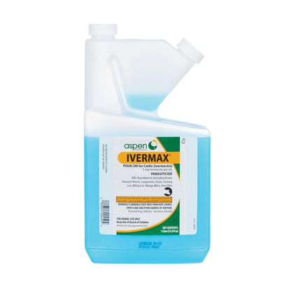 Ivermectin Pour-On Generic,"Blue liquid cattle pour-on bottle with angled spout"