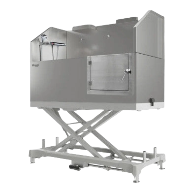 Dog Grooming Electric Tub with Lift-up Door by Waggz,"Stainless steel grooming tub on hydraulic lift base"