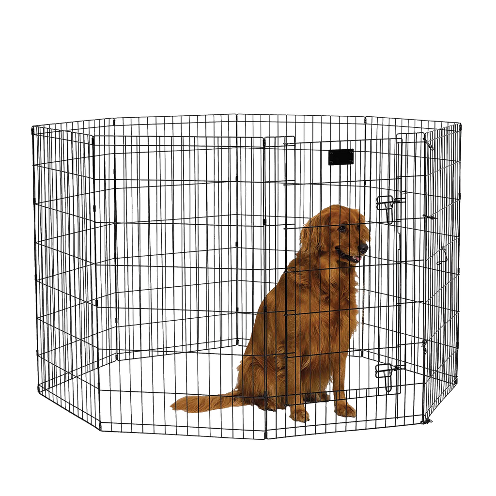 Midwest® Exercise Pen with Walk-Thru Door,"Black wire exercise pen with walk-thru door and dog inside"